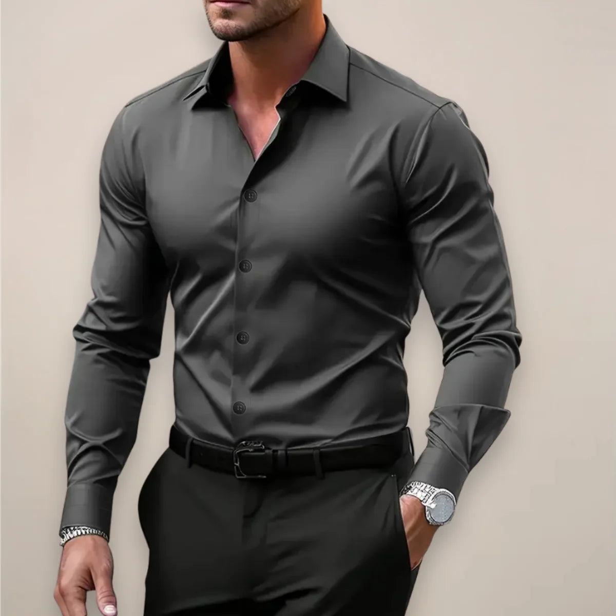 Men's slim fit shirt designed for spring, featuring a modern aesthetic suitable for both casual and smart casual occasions, crafted for comfort and style. 0