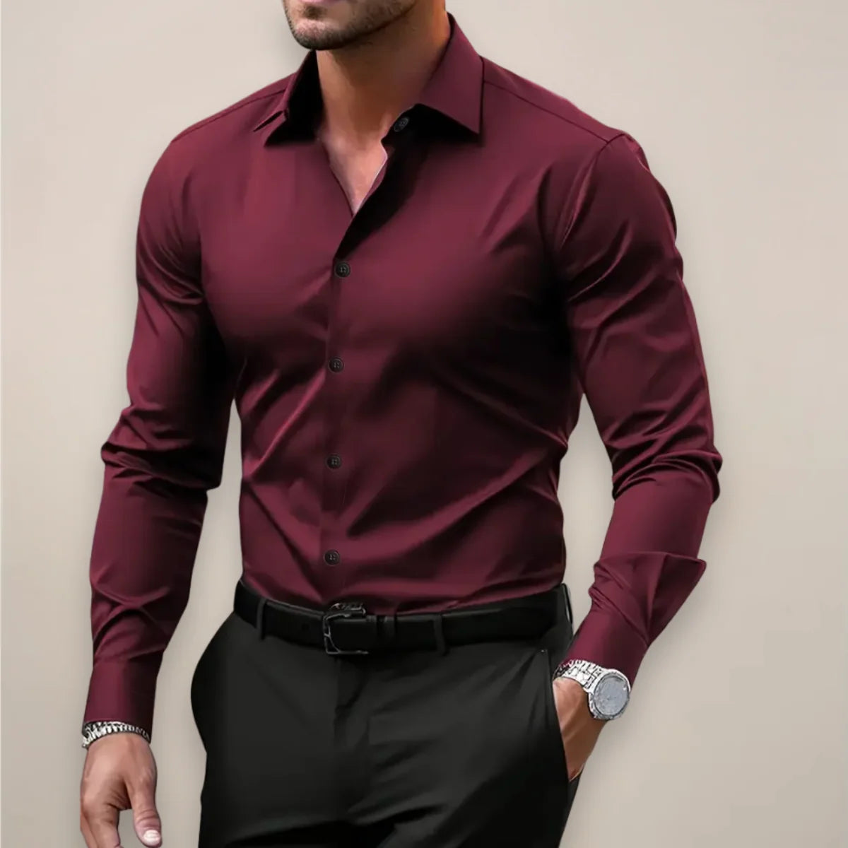 Men's slim fit shirt designed for spring, featuring a modern aesthetic suitable for both casual and smart casual occasions, crafted for comfort and style. 1