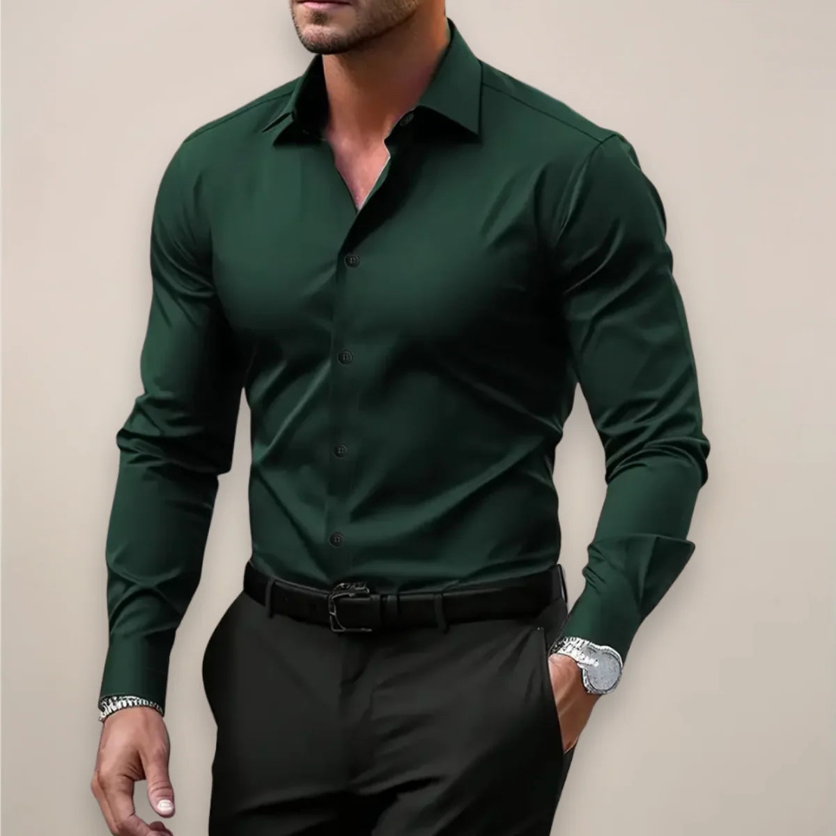 Men's slim fit shirt designed for spring, featuring a modern aesthetic suitable for both casual and smart casual occasions, crafted for comfort and style. 2