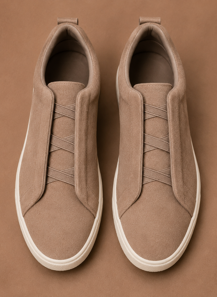 Men's beige suede sneakers slip-on featuring elastic details for comfort, perfect for casual wear and stylish outfits. 2