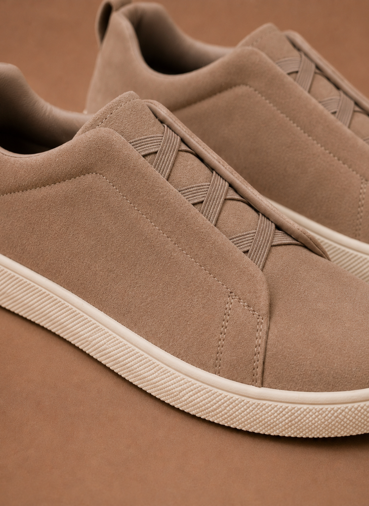 Men's beige suede sneakers slip-on featuring elastic details for comfort, perfect for casual wear and stylish outfits. 3