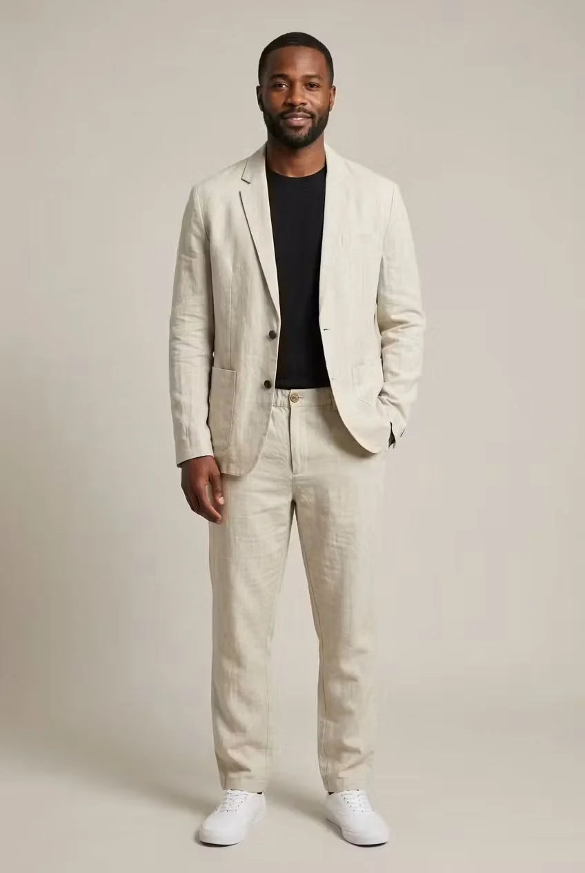 Men's suit set featuring a relaxed fit blazer and trousers made from breathable linen fabric, perfect for versatile formal and casual occasions. 0