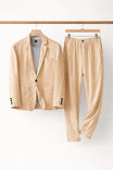 Men's suit set featuring a relaxed fit blazer and trousers made from breathable linen fabric, perfect for versatile formal and casual occasions. 10