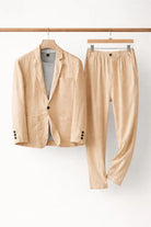 Men's suit set featuring a relaxed fit blazer and trousers made from breathable linen fabric, perfect for versatile formal and casual occasions. 10
