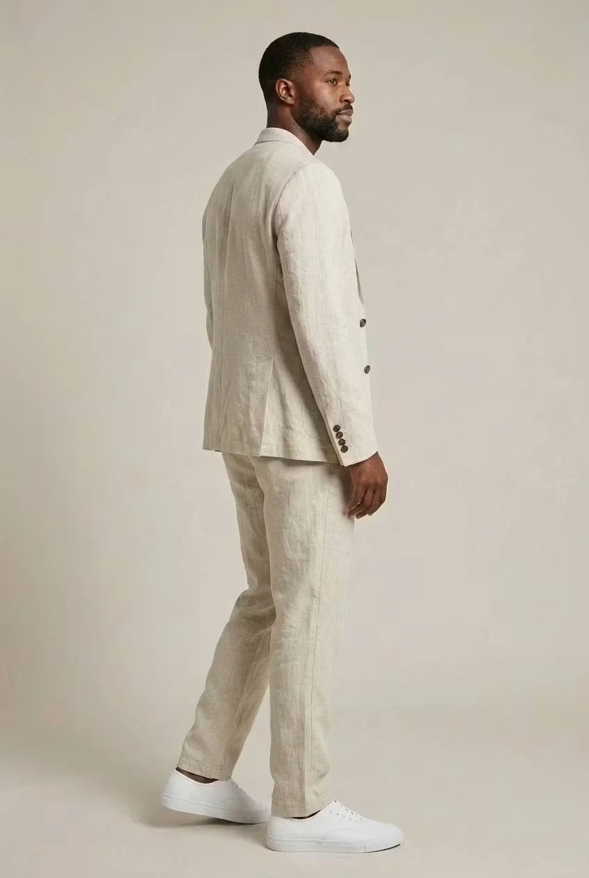 Men's suit set featuring a relaxed fit blazer and trousers made from breathable linen fabric, perfect for versatile formal and casual occasions. 2