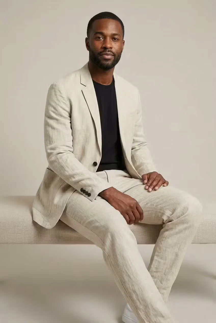 Men's suit set featuring a relaxed fit blazer and trousers made from breathable linen fabric, perfect for versatile formal and casual occasions. 6