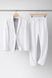 Men's suit set featuring a relaxed fit blazer and trousers made from breathable linen fabric, perfect for versatile formal and casual occasions. 9