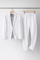 Men's suit set featuring a relaxed fit blazer and trousers made from breathable linen fabric, perfect for versatile formal and casual occasions. 9