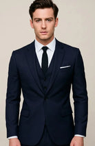 Men's three-piece suit set featuring a sleek slim fit design, notch lapel, and elegant black fabric, perfect for formal weddings and special occasions. 0
