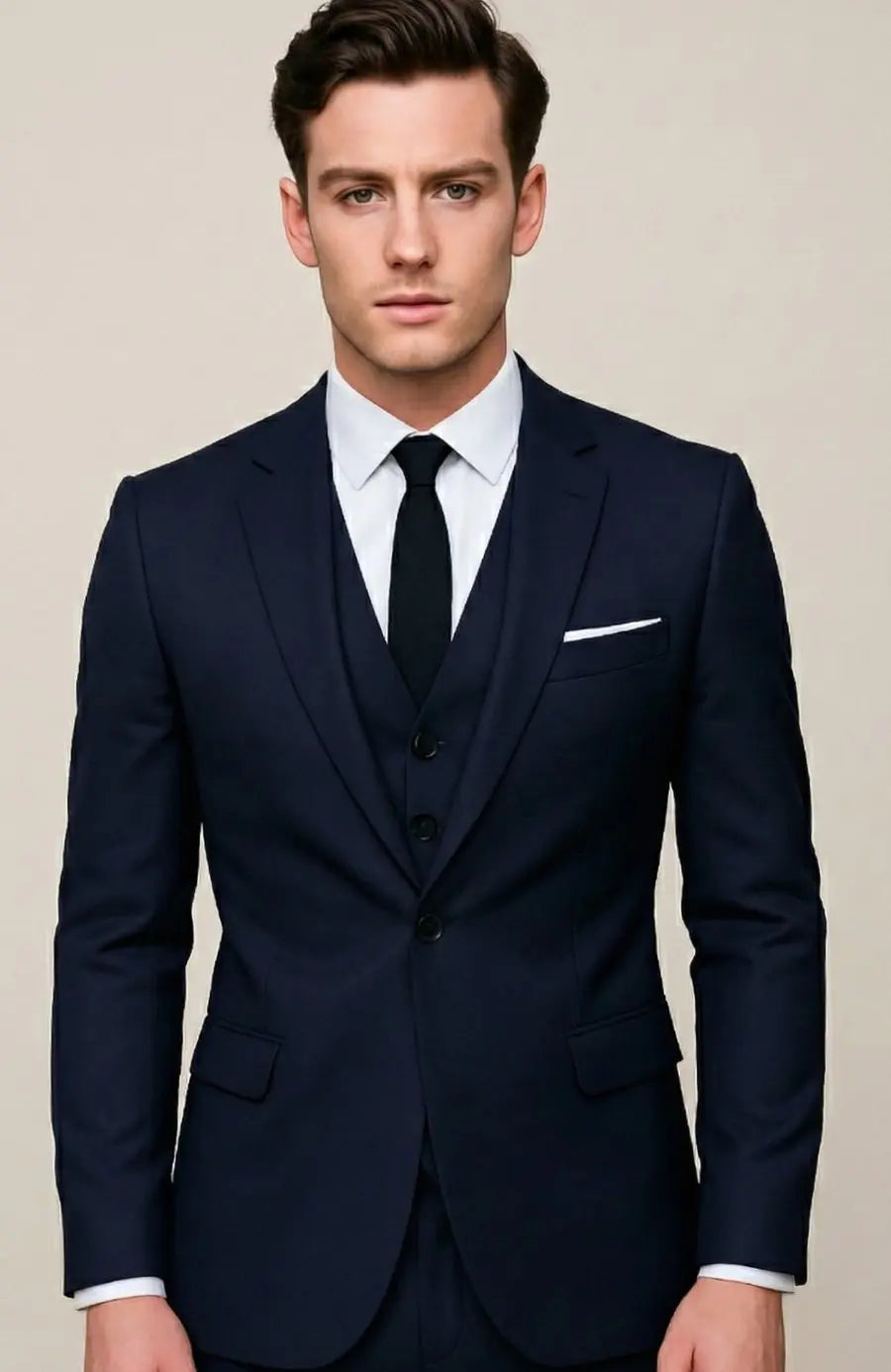 Men's three-piece suit set featuring a sleek slim fit design, notch lapel, and elegant black fabric, perfect for formal weddings and special occasions. 0