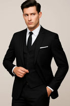 Men's three-piece suit set featuring a sleek slim fit design, notch lapel, and elegant black fabric, perfect for formal weddings and special occasions. 1