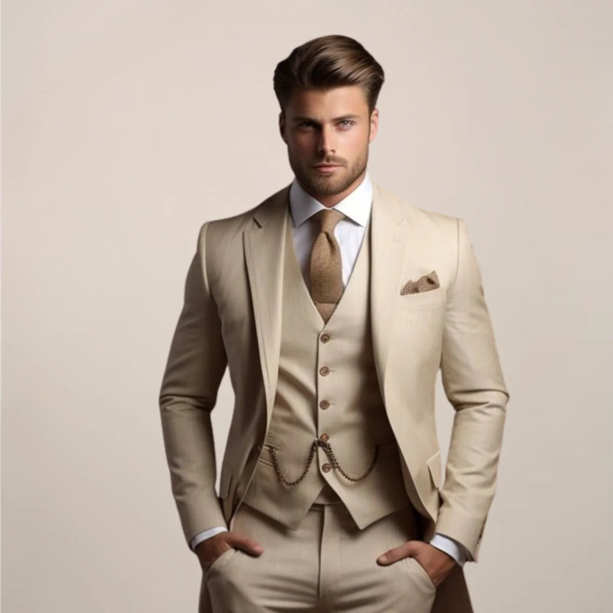 Men's three-piece suit set featuring a tailored fit, designed for lightweight comfort in spring, ideal for weddings and groomsmen. 0
