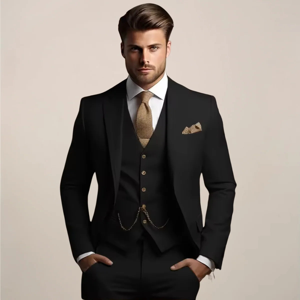 Men's three-piece suit set featuring a tailored fit, designed for lightweight comfort in spring, ideal for weddings and groomsmen. 1