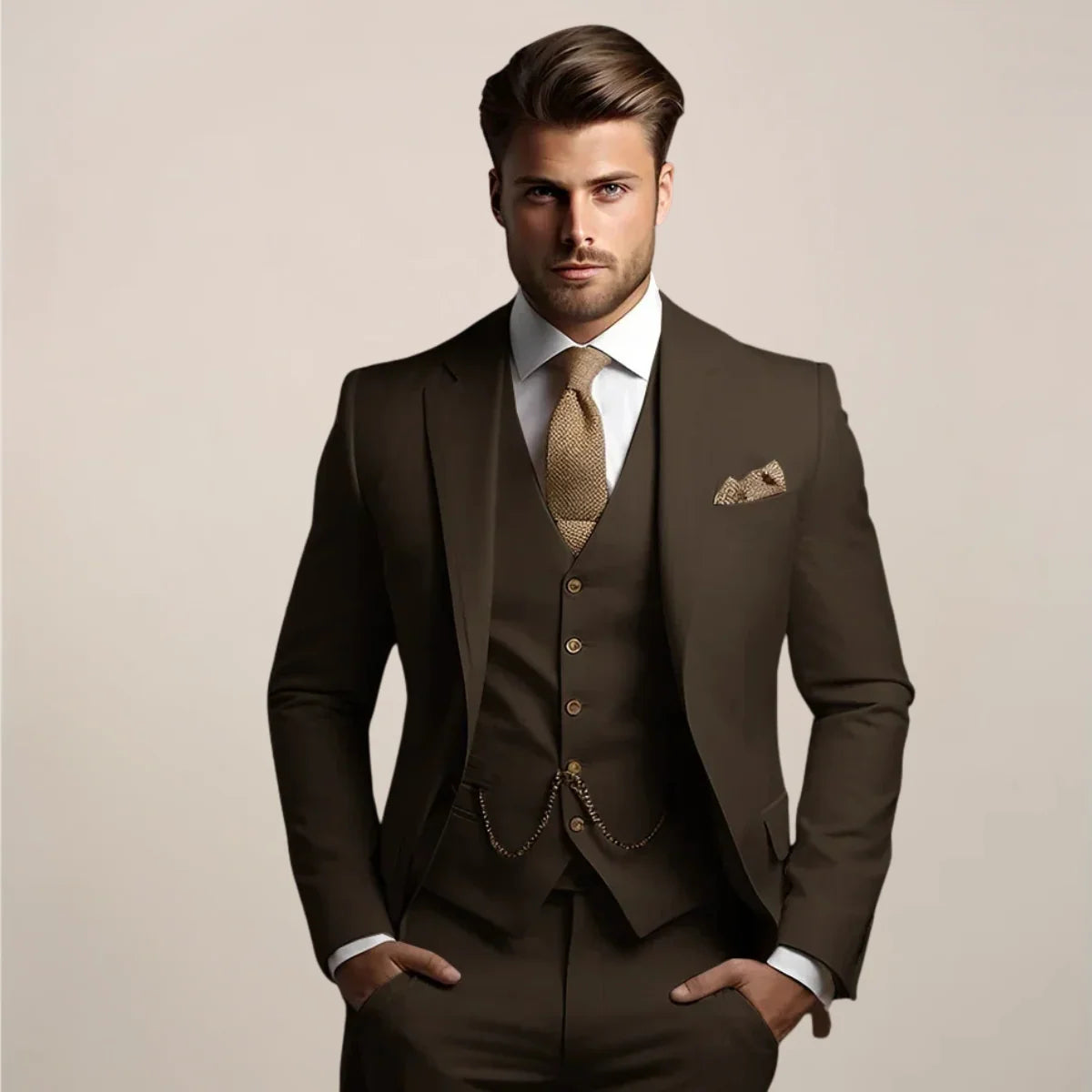 Men's three-piece suit set featuring a tailored fit, designed for lightweight comfort in spring, ideal for weddings and groomsmen. 3
