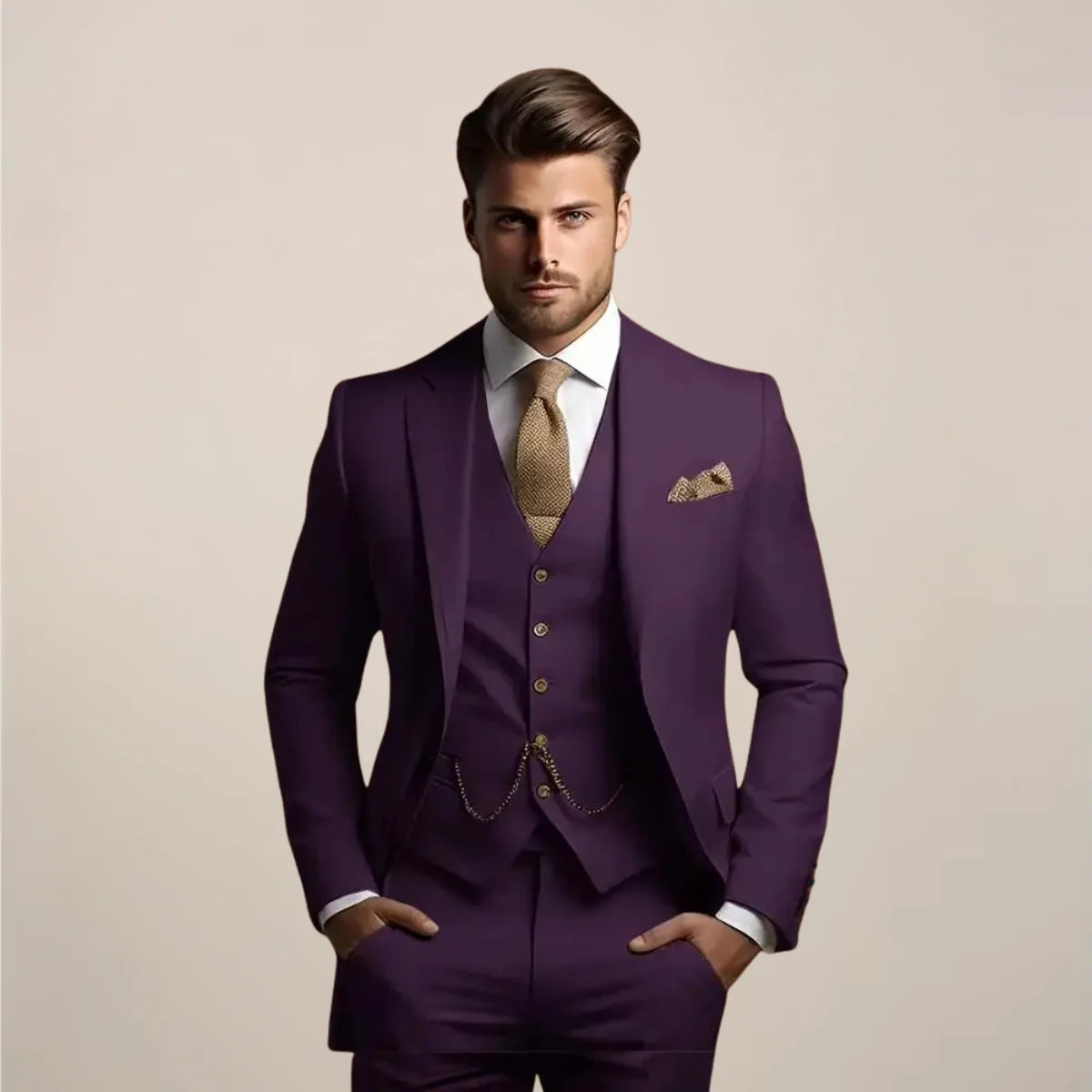 Men's three-piece suit set featuring a tailored fit, designed for lightweight comfort in spring, ideal for weddings and groomsmen. 5