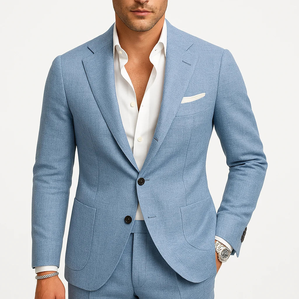 Men's tailored fit suit made from lightweight fabric, perfect for elegant spring weddings and formal occasions. 1