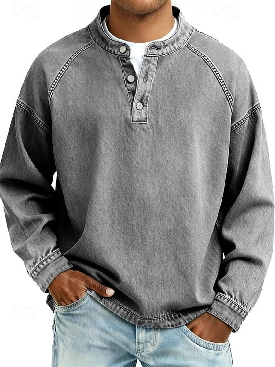 Men's vintage washed knit long-sleeve pullover sweater featuring a button-up neckline and relaxed fit, perfect for casual wear and layering. 0