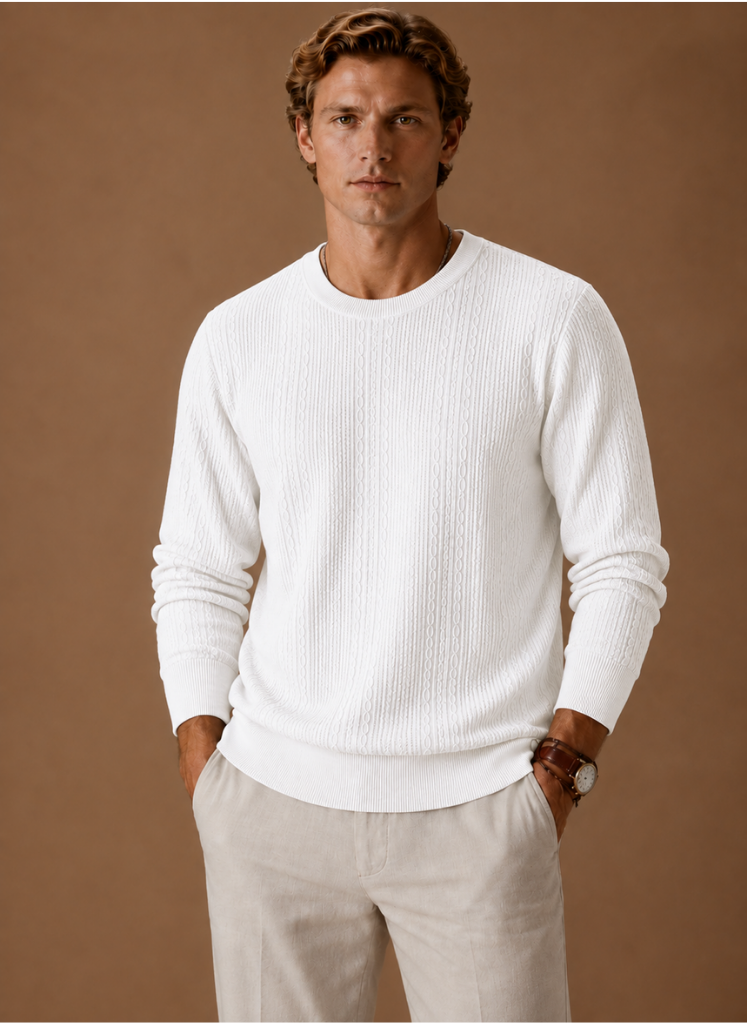 Men's crew neck sweater featuring a cable knit design, crafted from soft polyester for comfortable casual layering. 0