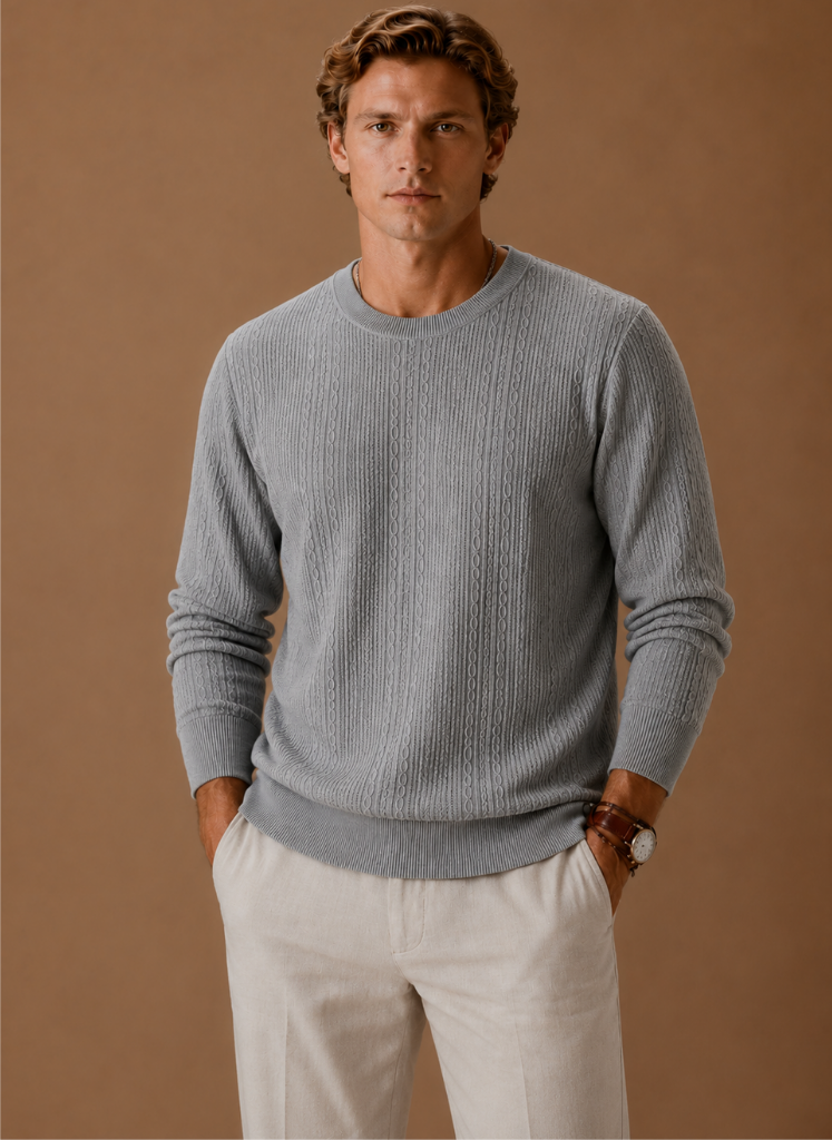 Men's crew neck sweater featuring a cable knit design, crafted from soft polyester for comfortable casual layering. 6
