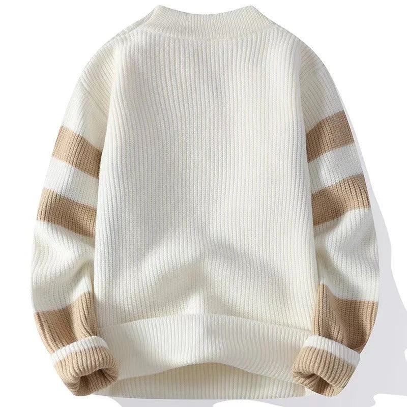Men's relaxed fit sweater featuring a stylish patchwork design, made from soft knitted polyester, perfect for casual streetwear with a classic crew neck. 1