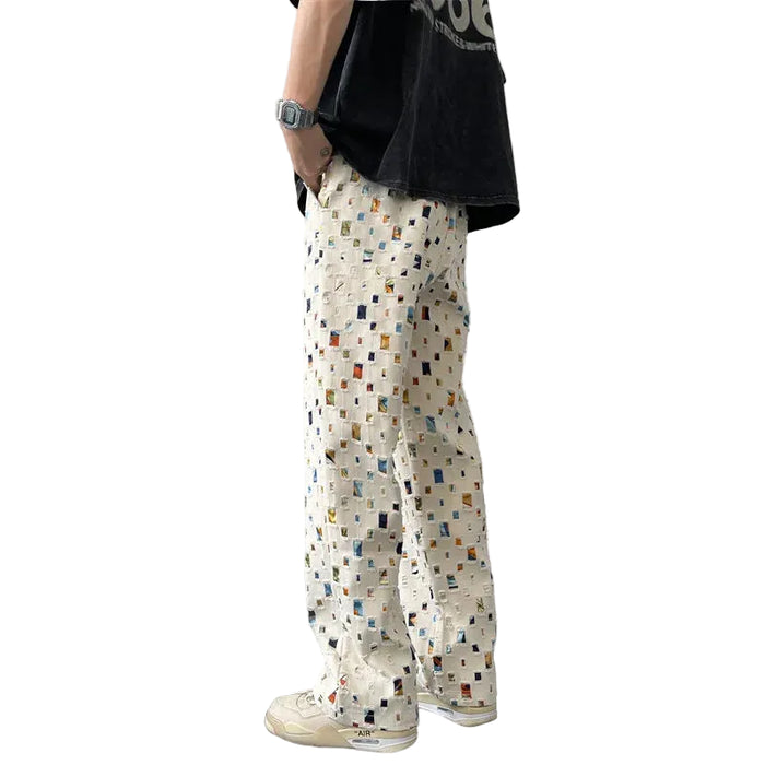 Men's Distressed Patchwork Straight Leg Jeans with Drawstring