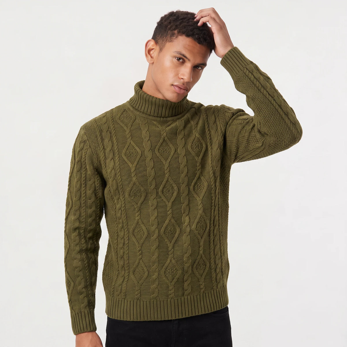 Men's turtleneck sweater featuring a raised diamond cable pattern, crafted from medium-gauge knit fabric for a comfortable regular fit, and finished with rib 0
