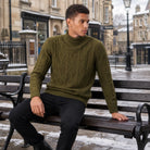 Men's turtleneck sweater featuring a raised diamond cable pattern, crafted from medium-gauge knit fabric for a comfortable regular fit, and finished with rib 1