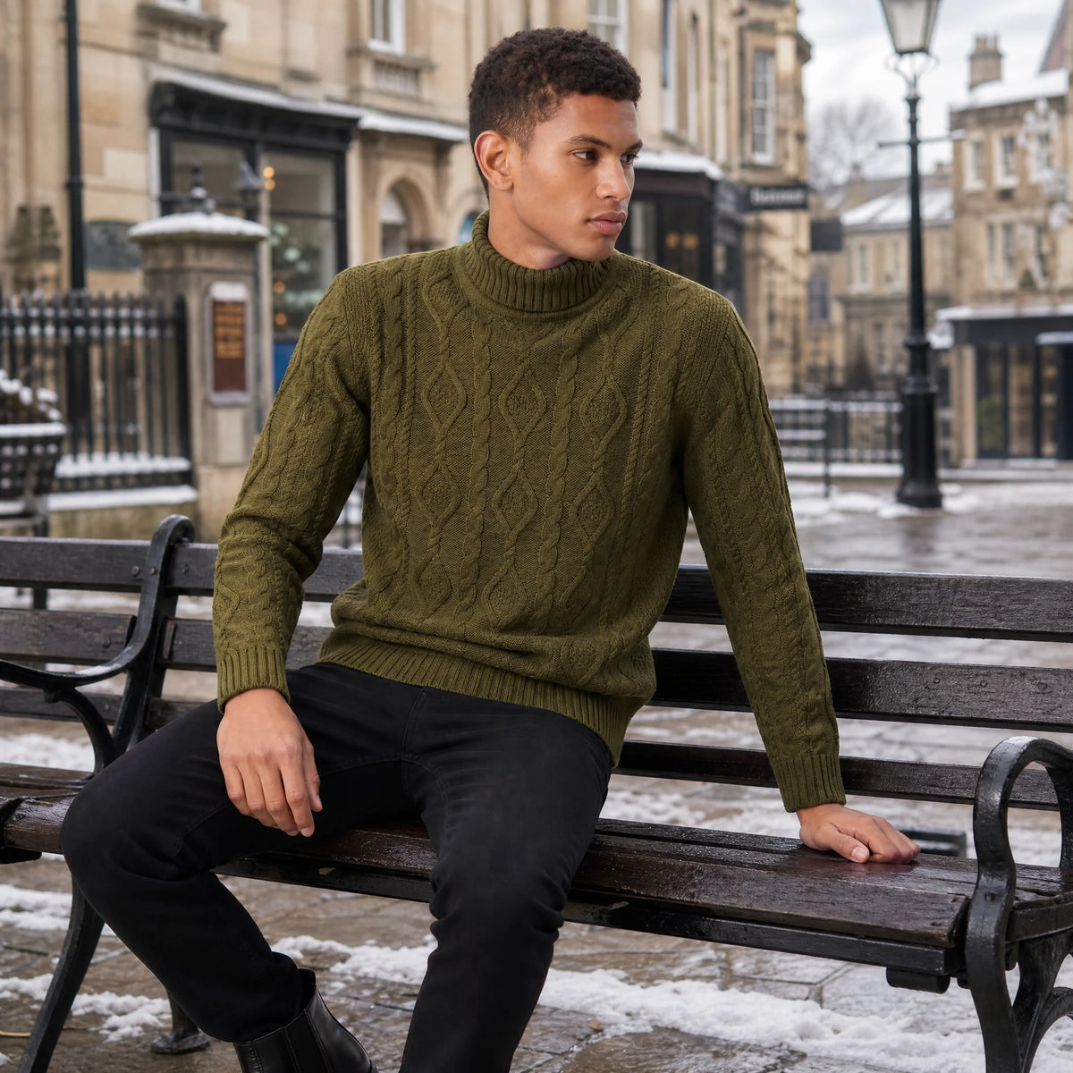 Men's turtleneck sweater featuring a raised diamond cable pattern, crafted from medium-gauge knit fabric for a comfortable regular fit, and finished with rib 1