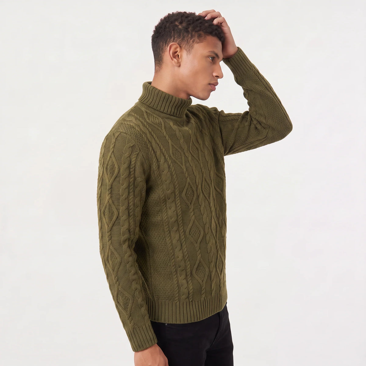 Men's turtleneck sweater featuring a raised diamond cable pattern, crafted from medium-gauge knit fabric for a comfortable regular fit, and finished with rib 2