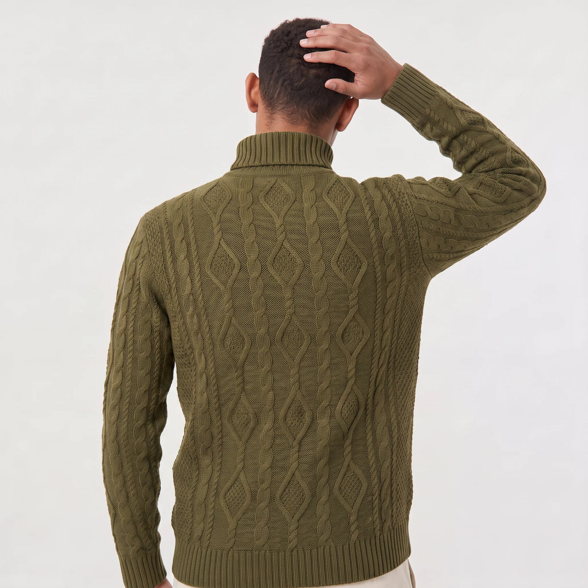 Men's turtleneck sweater featuring a raised diamond cable pattern, crafted from medium-gauge knit fabric for a comfortable regular fit, and finished with rib 3