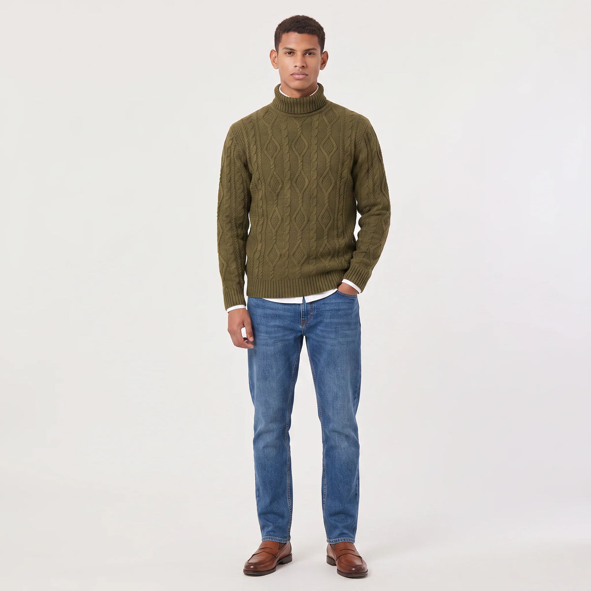 Men's turtleneck sweater featuring a raised diamond cable pattern, crafted from medium-gauge knit fabric for a comfortable regular fit, and finished with rib 4