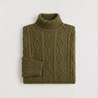 Men's turtleneck sweater featuring a raised diamond cable pattern, crafted from medium-gauge knit fabric for a comfortable regular fit, and finished with rib 5