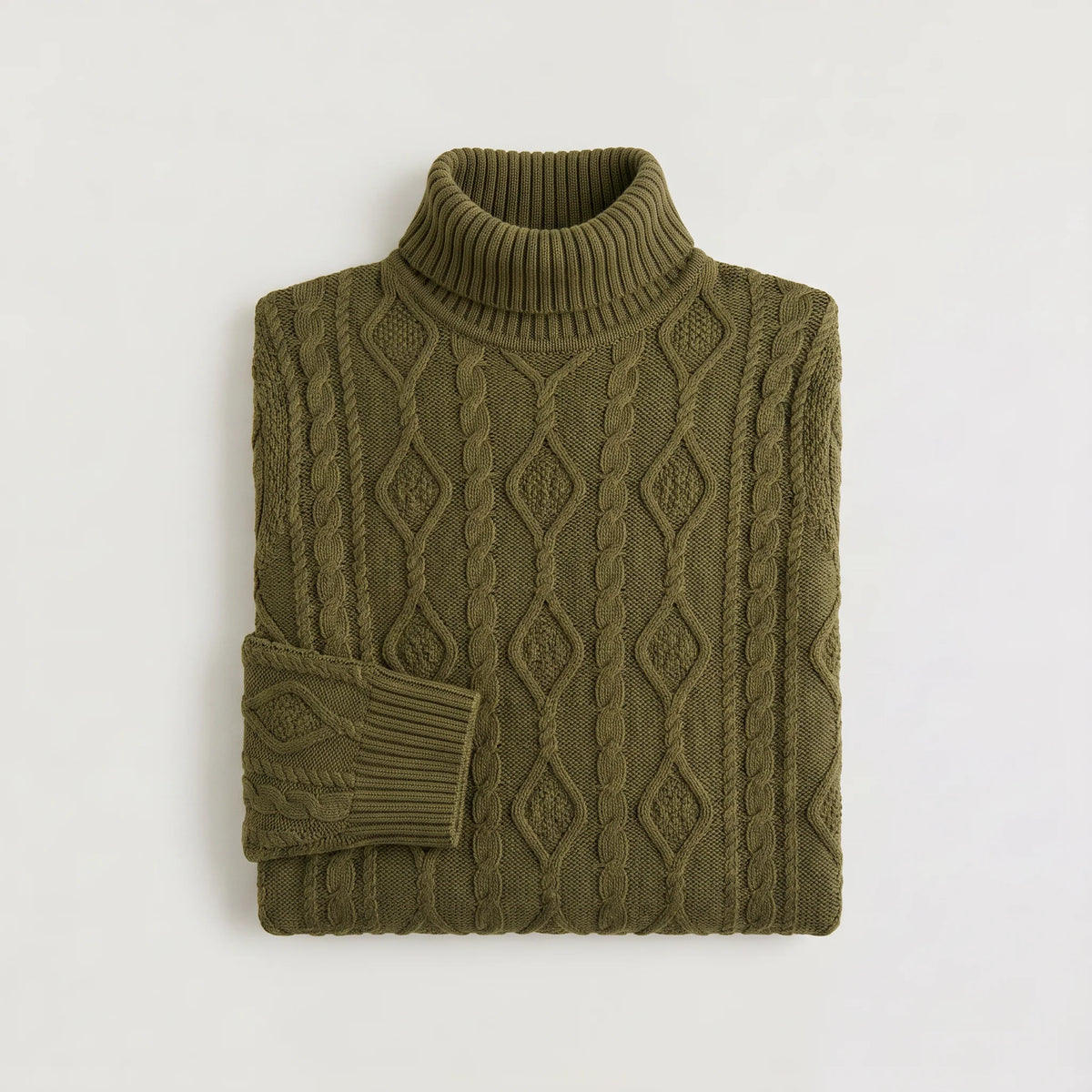 Men's turtleneck sweater featuring a raised diamond cable pattern, crafted from medium-gauge knit fabric for a comfortable regular fit, and finished with rib 5