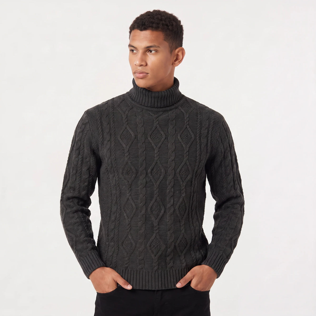 Men's turtleneck sweater featuring a raised diamond cable pattern, crafted from medium-gauge knit fabric for a comfortable regular fit, and finished with rib 7
