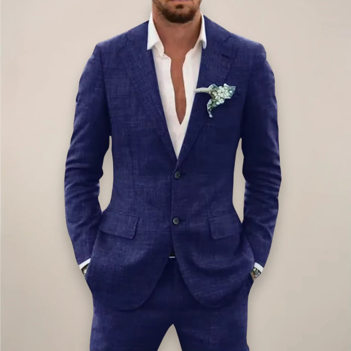 Men's two-piece single-breasted suit set in tailored fit, perfect for fall and winter, featuring a stylish jacket and matching trousers in a classic 1