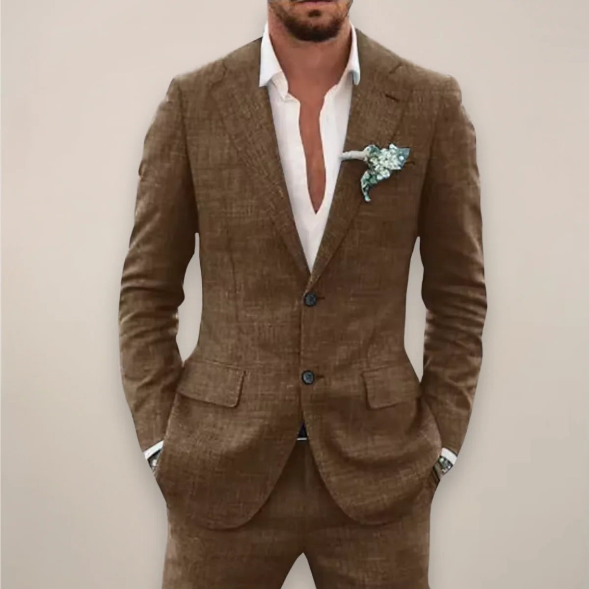 Men's two-piece single-breasted suit set in tailored fit, perfect for fall and winter, featuring a stylish jacket and matching trousers in a classic 7