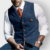 Men's tailored slim-fit herringbone tweed vest gilet featuring stylish wooden buttons, perfect for smart casual or formal wear. 0