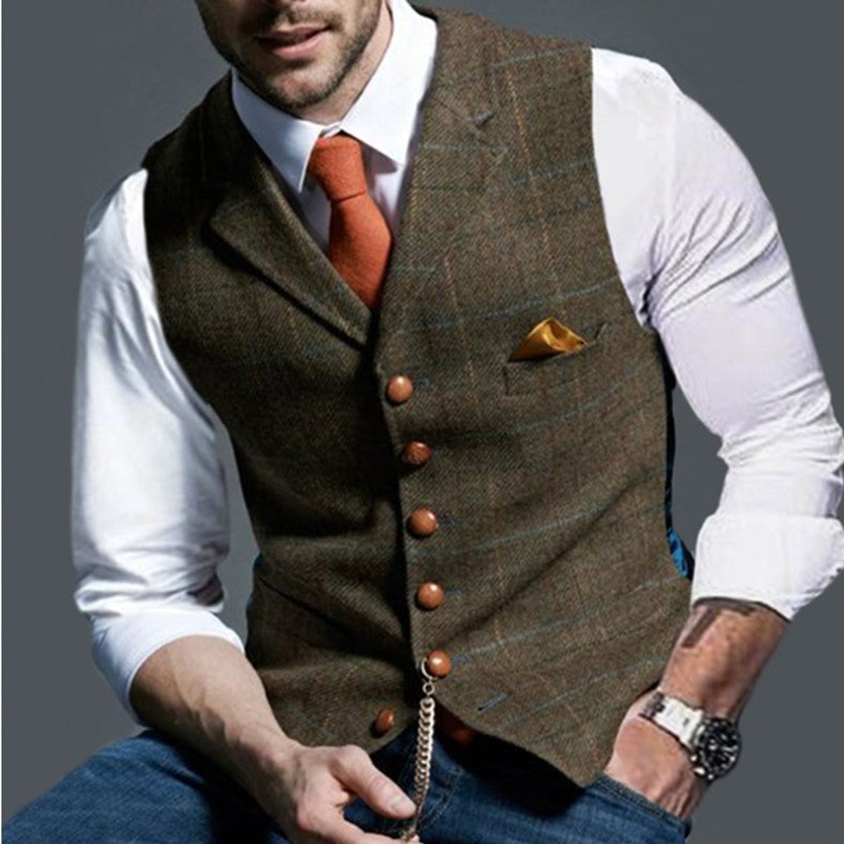 Men's tailored slim-fit herringbone tweed vest gilet featuring stylish wooden buttons, perfect for smart casual or formal wear. 1