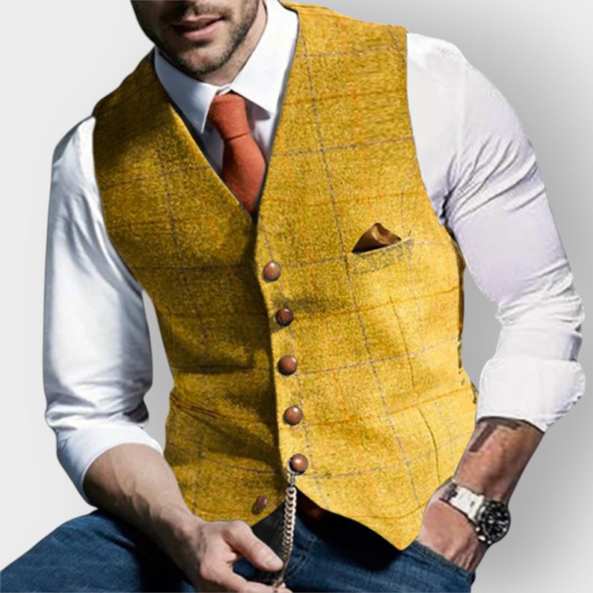 Men's tailored slim-fit herringbone tweed vest gilet featuring stylish wooden buttons, perfect for smart casual or formal wear. 4