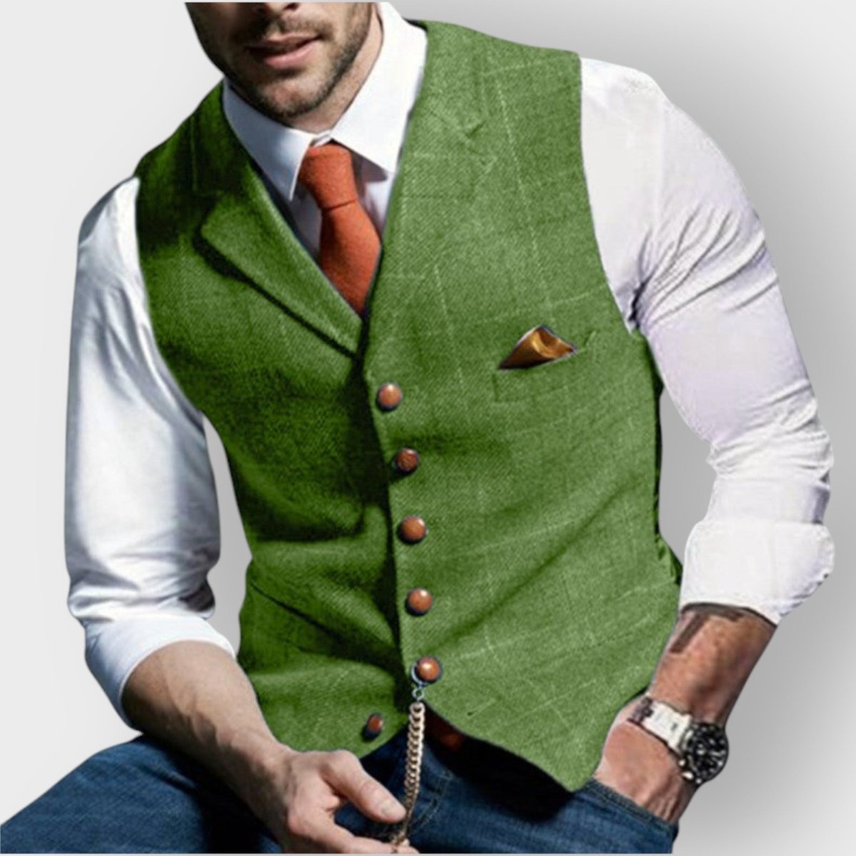 Men's tailored slim-fit herringbone tweed vest gilet featuring stylish wooden buttons, perfect for smart casual or formal wear. 5