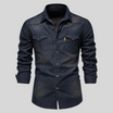 Men's washed denim shirt featuring a button-up front, long sleeves, and twin flap pockets, perfect for casual wear. 0