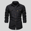 Men's washed denim shirt featuring a button-up front, long sleeves, and twin flap pockets, perfect for casual wear. 1