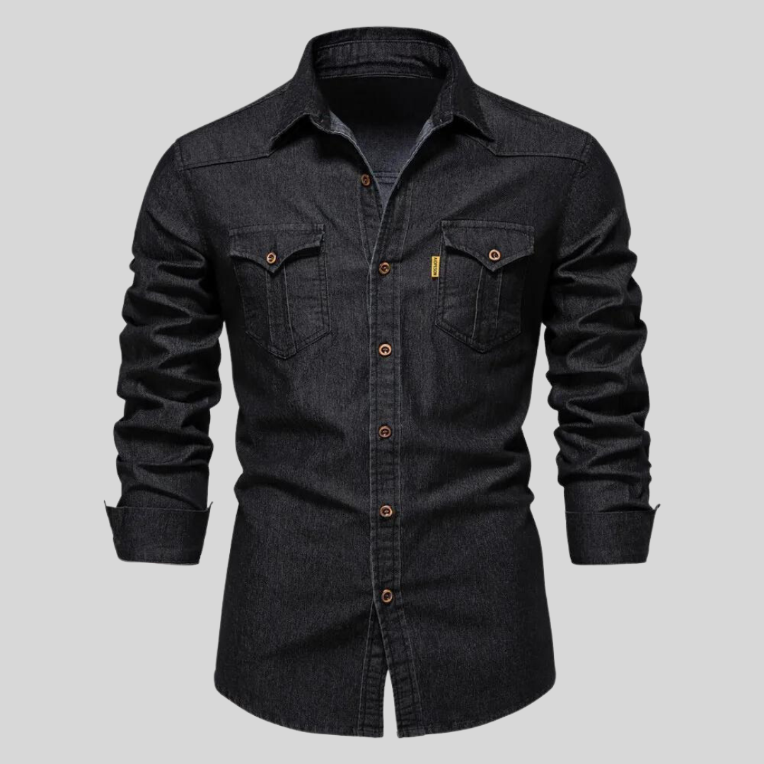 Men's washed denim shirt featuring a button-up front, long sleeves, and twin flap pockets, perfect for casual wear. 1