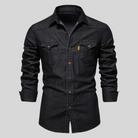 Men's washed denim shirt featuring a button-up front, long sleeves, and twin flap pockets, perfect for casual wear. 1