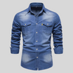 Men's washed denim shirt featuring a button-up front, long sleeves, and twin flap pockets, perfect for casual wear. 2