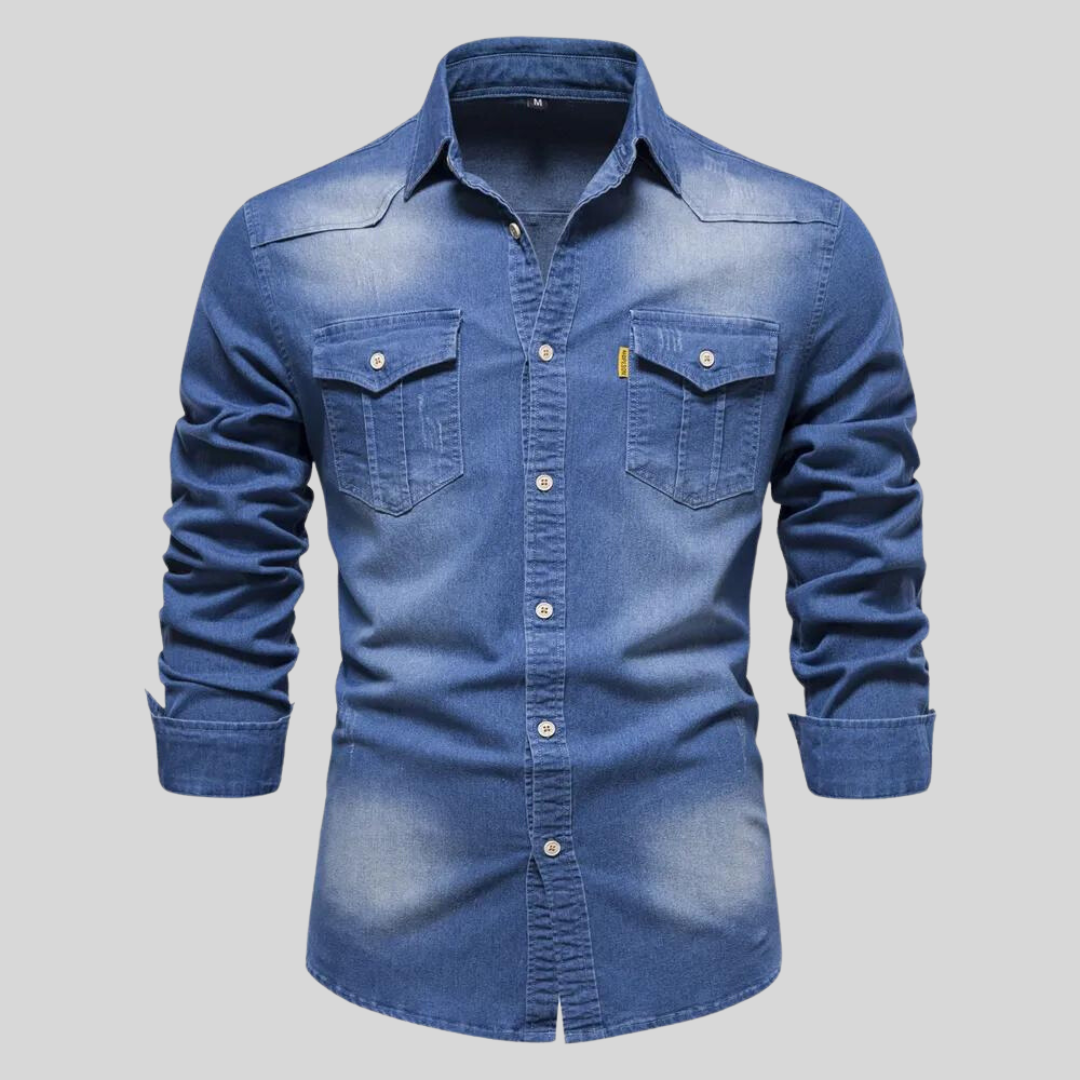 Men's washed denim shirt featuring a button-up front, long sleeves, and twin flap pockets, perfect for casual wear. 2