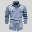 Men's washed denim shirt featuring a button-up front, long sleeves, and twin flap pockets, perfect for casual wear. 3