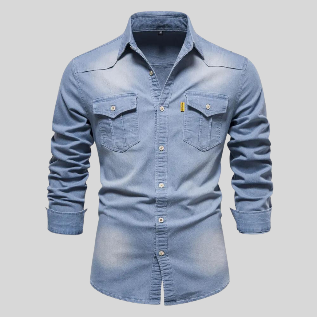 Men's washed denim shirt featuring a button-up front, long sleeves, and twin flap pockets, perfect for casual wear. 3