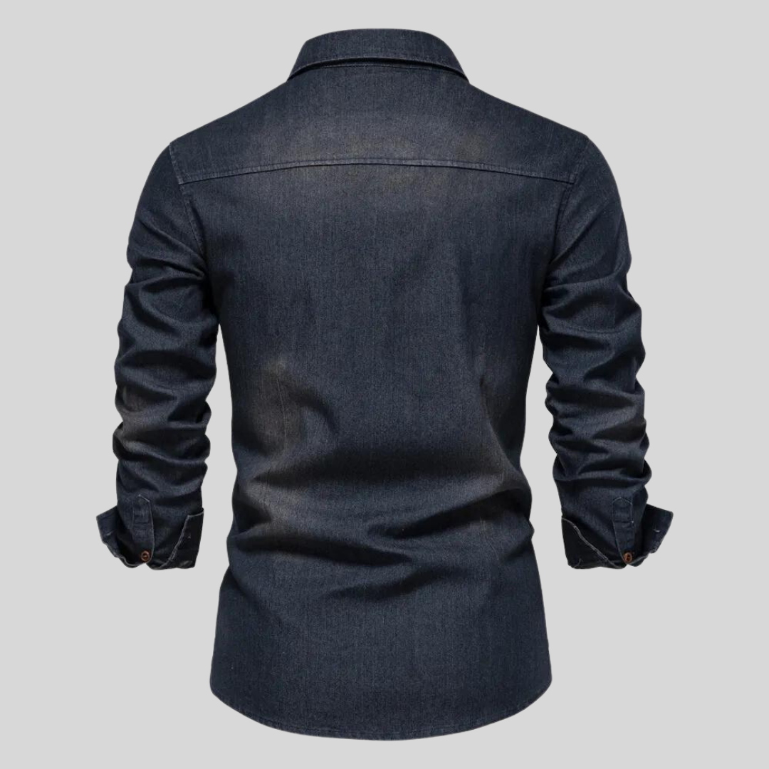 Men's washed denim shirt featuring a button-up front, long sleeves, and twin flap pockets, perfect for casual wear. 4