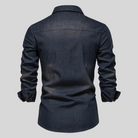 Men's washed denim shirt featuring a button-up front, long sleeves, and twin flap pockets, perfect for casual wear. 4